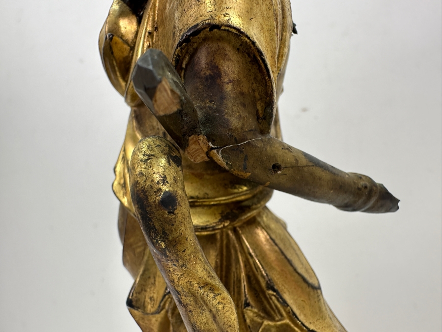 Antique Japanese Edo Period (1603-1868) Carved Gilt Wooden Sculpture Of Guanyin Buddha Standing On A Lotus Base With Halo Mandorla Behind The Figure (Some Damage To Multiple Areas Including Hands) 15.5'H Estimate $2,000-$4,000 [Photo 11]