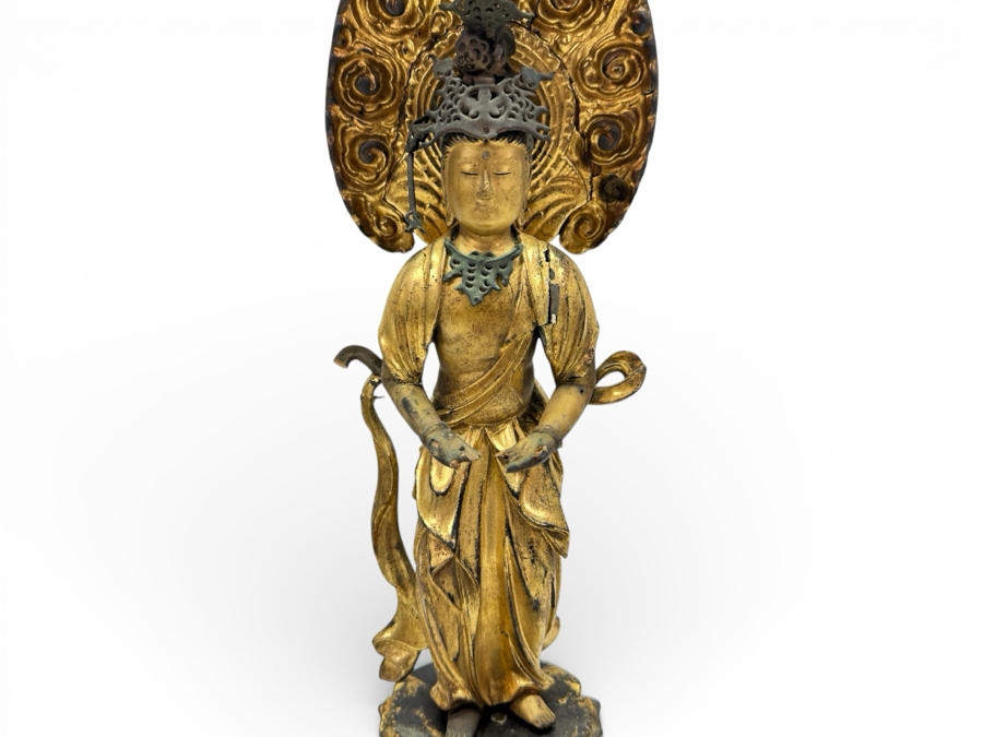 Antique Japanese Edo Period (1603-1868) Carved Gilt Wooden Sculpture Of Guanyin Buddha Standing On A Lotus Base With Halo Mandorla Behind The Figure (Some Damage To Multiple Areas Including Hands) 15.5'H Estimate $2,000-$4,000 [Photo 2]