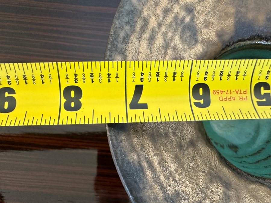 Pair of Japanese Studio Pottery Ikebana Vases with Textured Bronze Rims and Teal Centers 9.5'W And 7'W [Photo 9]