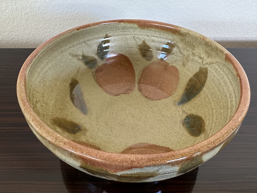 Vintage Signed Stoneware Bowl with Hand Painted Apple Motif 10'W x 4'H [Photo 2]