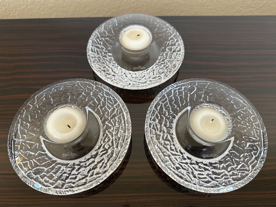 Set of (3) Orrefors Discus Crystal Votive Candle Holders, Designed By Lars Hellsten In 1995