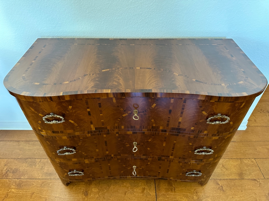 Colombo Mobili Biedermeier Style Chest of Drawers Plume Walnut, Palisanderwood, Geometric Inlays, Bronze mountings 43.25'W  x 19.75'D x 33.5'H Retails At Baker Furniture Laguna Niguel For $7,000 [Photo 3]