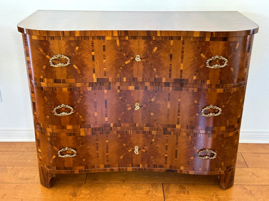 Colombo Mobili Biedermeier Style Chest of Drawers Plume Walnut, Palisanderwood, Geometric Inlays, Bronze mountings 43.25'W  x 19.75'D x 33.5'H Retails At Baker Furniture Laguna Niguel For $7,000