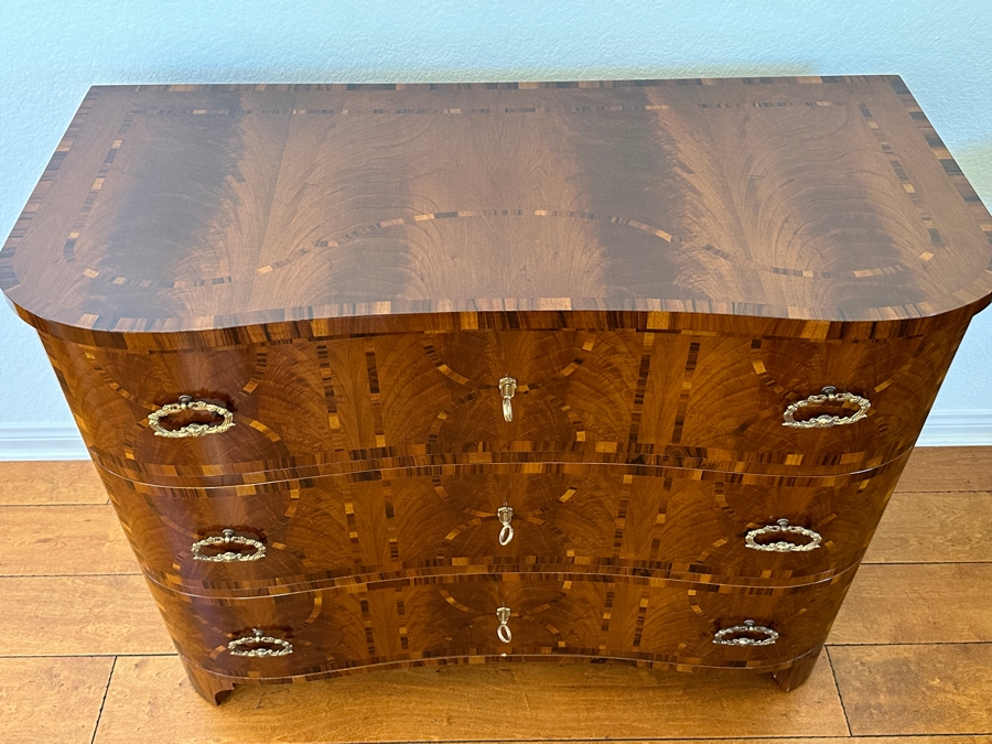 Colombo Mobili Biedermeier Style Chest of Drawers Plume Walnut, Palisanderwood, Geometric Inlays, Bronze mountings 43.25'W  x 19.75'D x 33.5'H Retails At Baker Furniture Laguna Niguel For $7,000 [Photo 4]
