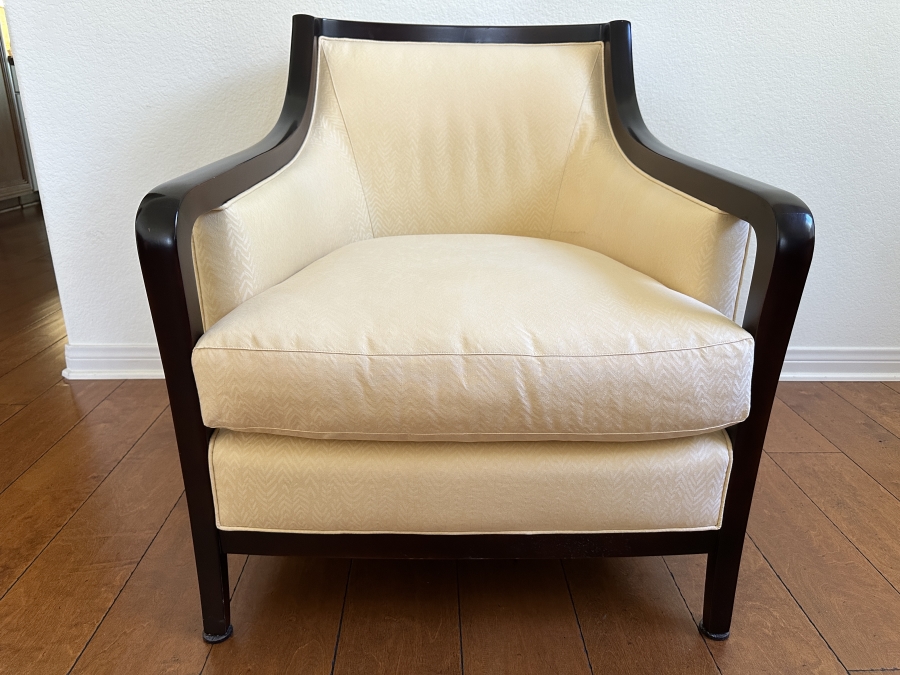 Barbara Barry for Baker Wood Framed Armchair With Tapered Legs And Textured Upholstery 28'W x 34'D x 32'H