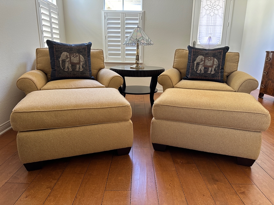 Pair of Passione Armchairs And Ottomans With Decorative Elephant Pillows 42'W x 41'D x 32'H