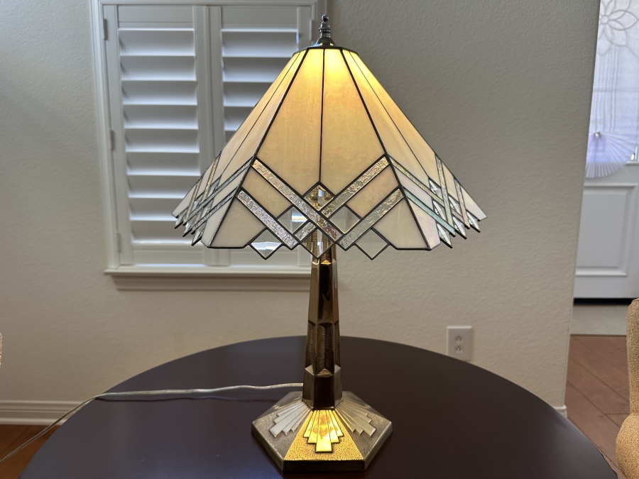 Tiffany Style Art Deco Table Lamp Featuring Geometric Cream Stained Glass Shade with Stepped Bronze Base 22'H