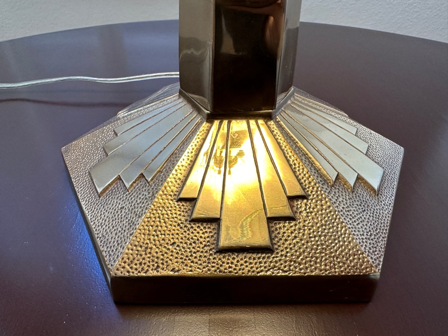 Tiffany Style Art Deco Table Lamp Featuring Geometric Cream Stained Glass Shade with Stepped Bronze Base 22'H [Photo 6]