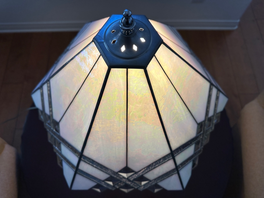 Tiffany Style Art Deco Table Lamp Featuring Geometric Cream Stained Glass Shade with Stepped Bronze Base 22'H [Photo 7]