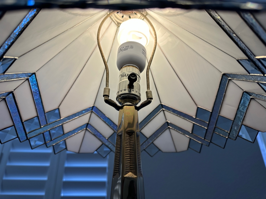 Tiffany Style Art Deco Table Lamp Featuring Geometric Cream Stained Glass Shade with Stepped Bronze Base 22'H [Photo 5]