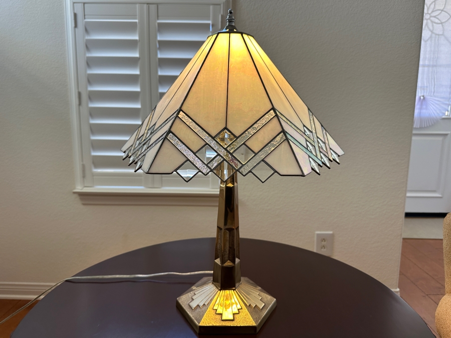 Tiffany Style Art Deco Table Lamp Featuring Geometric Cream Stained Glass Shade with Stepped Bronze Base 22'H [Photo 2]