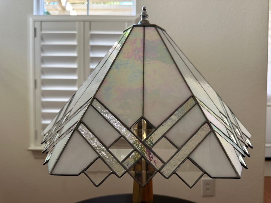 Tiffany Style Art Deco Table Lamp Featuring Geometric Cream Stained Glass Shade with Stepped Bronze Base 22'H [Photo 9]