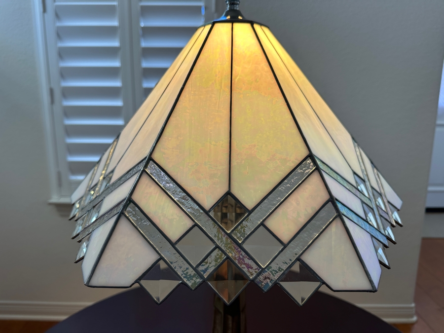 Tiffany Style Art Deco Table Lamp Featuring Geometric Cream Stained Glass Shade with Stepped Bronze Base 22'H [Photo 3]