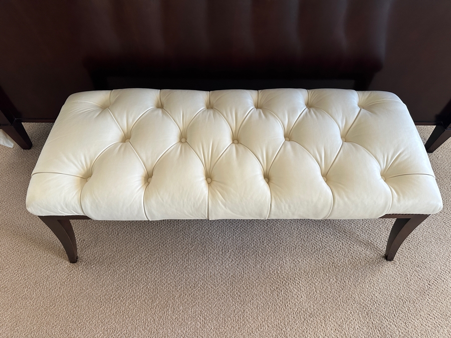 Baker Cream Tufted Leather Bench with Nailhead Trim and Dark Wood Legs 48'W x 19.5'D x 20'H [Photo 5]