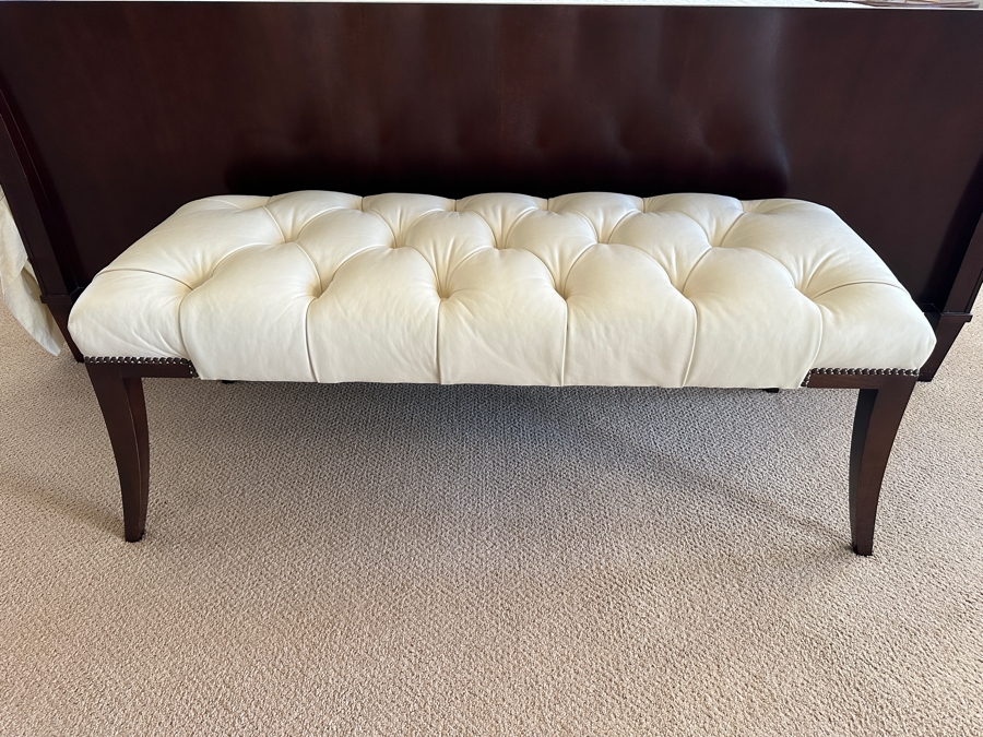 Baker Cream Tufted Leather Bench with Nailhead Trim and Dark Wood Legs 48'W x 19.5'D x 20'H [Photo 2]