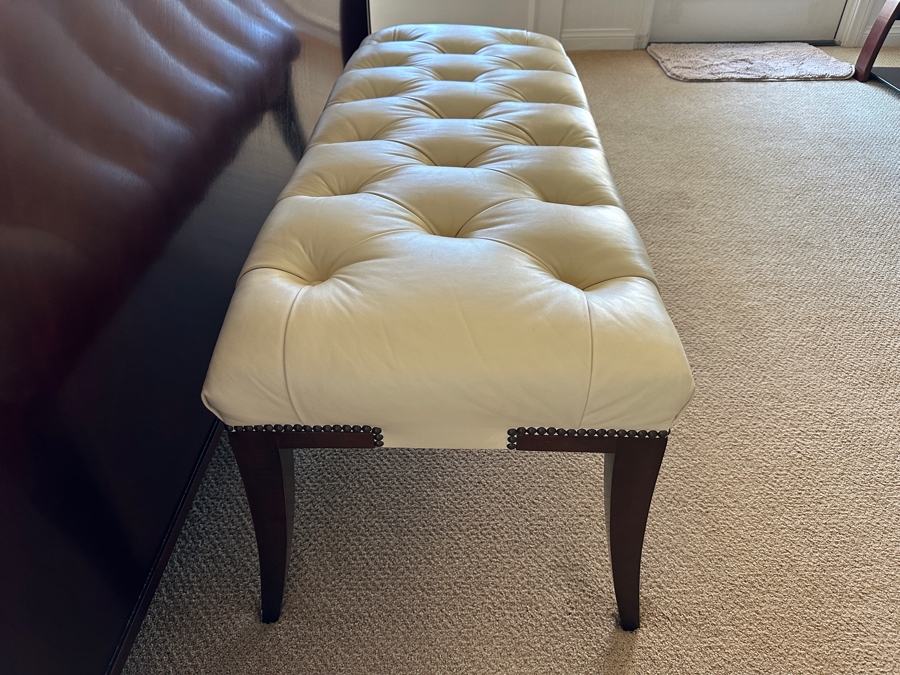 Baker Cream Tufted Leather Bench with Nailhead Trim and Dark Wood Legs 48'W x 19.5'D x 20'H [Photo 4]