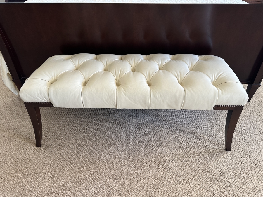 Baker Cream Tufted Leather Bench with Nailhead Trim and Dark Wood Legs 48'W x 19.5'D x 20'H
