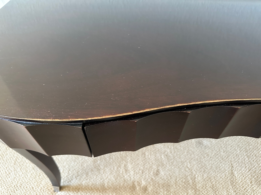 Barbara Barry for Baker Desk With Single Drawer, Scalloped Apron And Carved Legs With Silver Accents In A Dark Java Mahogany Finish 53.5'W x 25'D x 30'H [Photo 10]