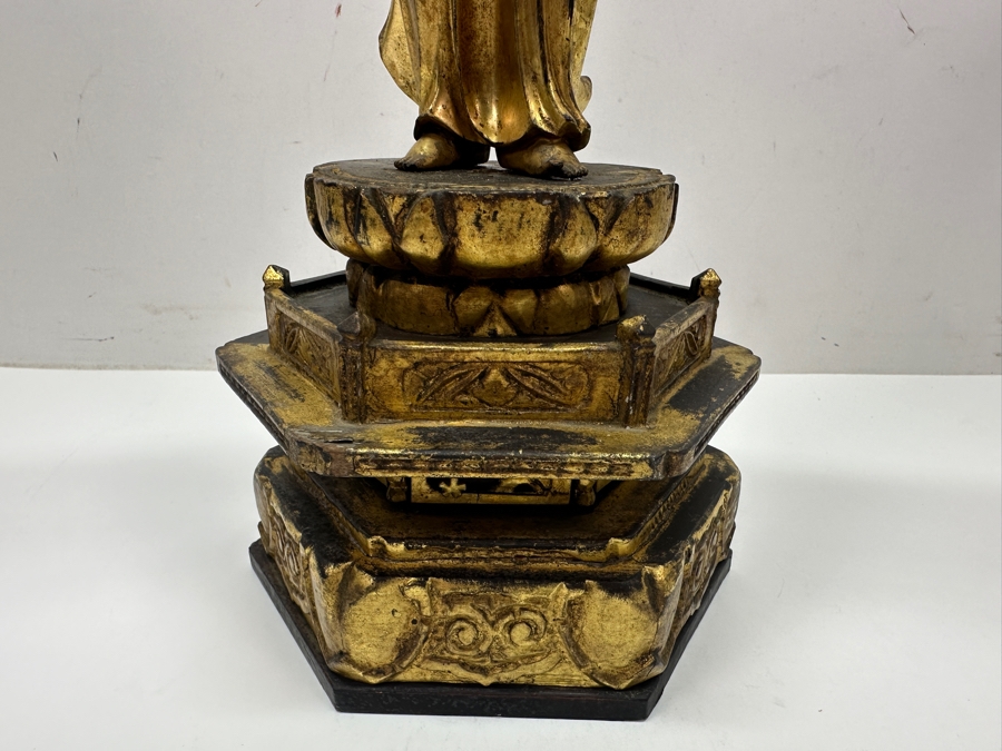 Antique Japanese Edo Period (1603-1868) Carved Gilt Wooden Buddha Sculpture Standing On A Lotus Base With Halo Mandorla Behind The Figure 15.25'H Estimate $2,000-$4,000 [Photo 8]