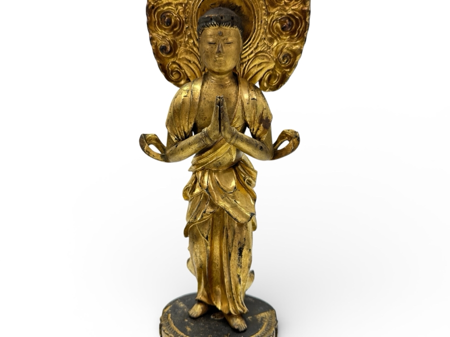 Antique Japanese Edo Period (1603-1868) Carved Gilt Wooden Buddha Sculpture Standing On A Lotus Base With Halo Mandorla Behind The Figure 15.25'H Estimate $2,000-$4,000 [Photo 3]