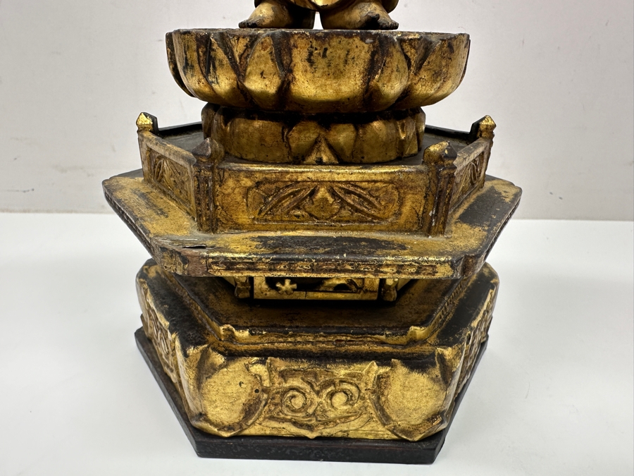 Antique Japanese Edo Period (1603-1868) Carved Gilt Wooden Buddha Sculpture Standing On A Lotus Base With Halo Mandorla Behind The Figure 15.25'H Estimate $2,000-$4,000 [Photo 13]