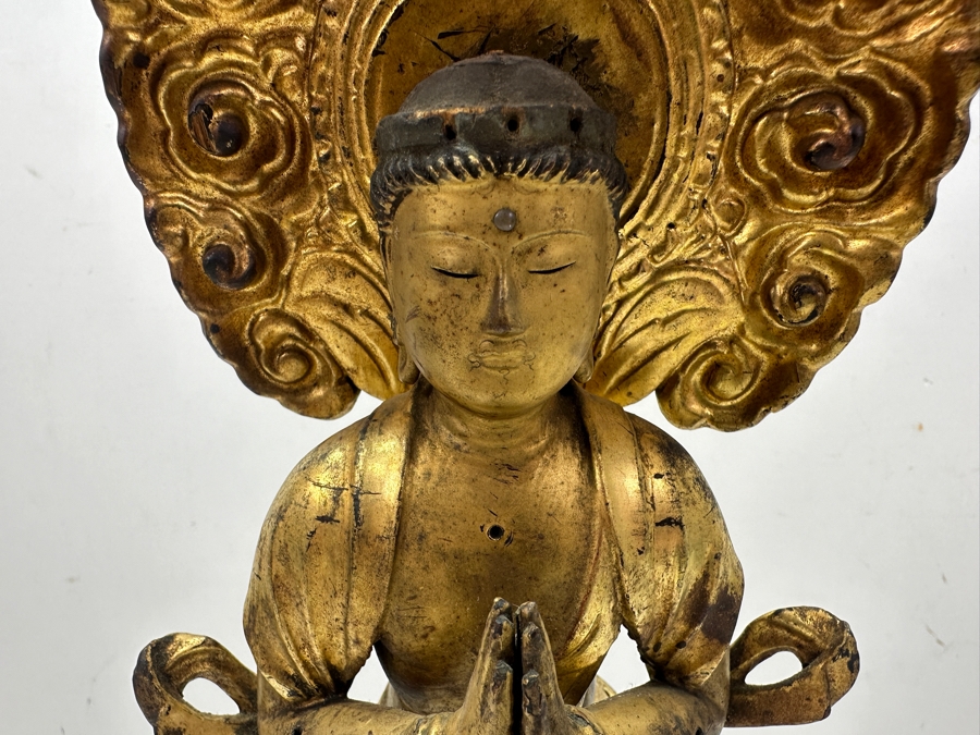 Antique Japanese Edo Period (1603-1868) Carved Gilt Wooden Buddha Sculpture Standing On A Lotus Base With Halo Mandorla Behind The Figure 15.25'H Estimate $2,000-$4,000 [Photo 6]