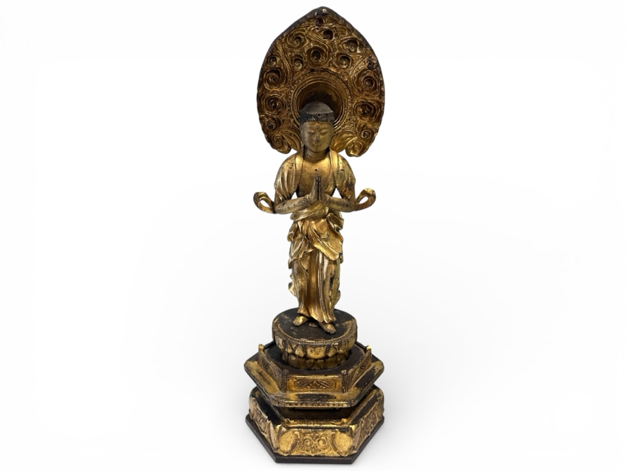 Antique Japanese Edo Period (1603-1868) Carved Gilt Wooden Buddha Sculpture Standing On A Lotus Base With Halo Mandorla Behind The Figure 15.25'H Estimate $2,000-$4,000 [Photo 2]