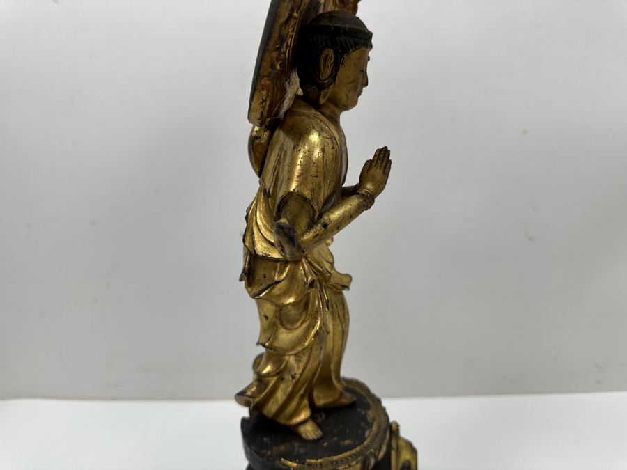 Antique Japanese Edo Period (1603-1868) Carved Gilt Wooden Buddha Sculpture Standing On A Lotus Base With Halo Mandorla Behind The Figure 15.25'H Estimate $2,000-$4,000 [Photo 10]
