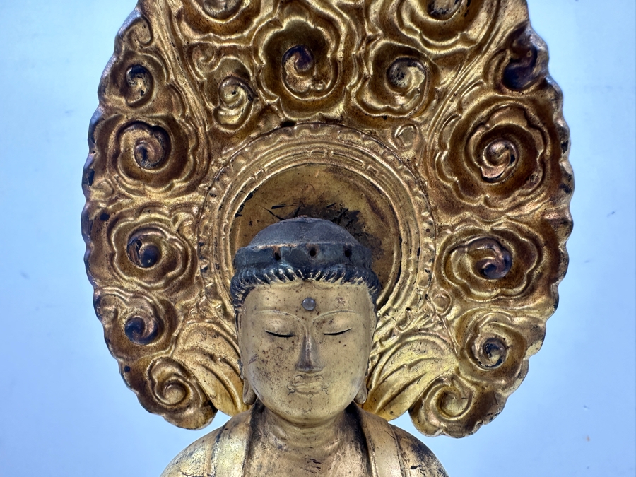 Antique Japanese Edo Period (1603-1868) Carved Gilt Wooden Buddha Sculpture Standing On A Lotus Base With Halo Mandorla Behind The Figure 15.25'H Estimate $2,000-$4,000 [Photo 9]