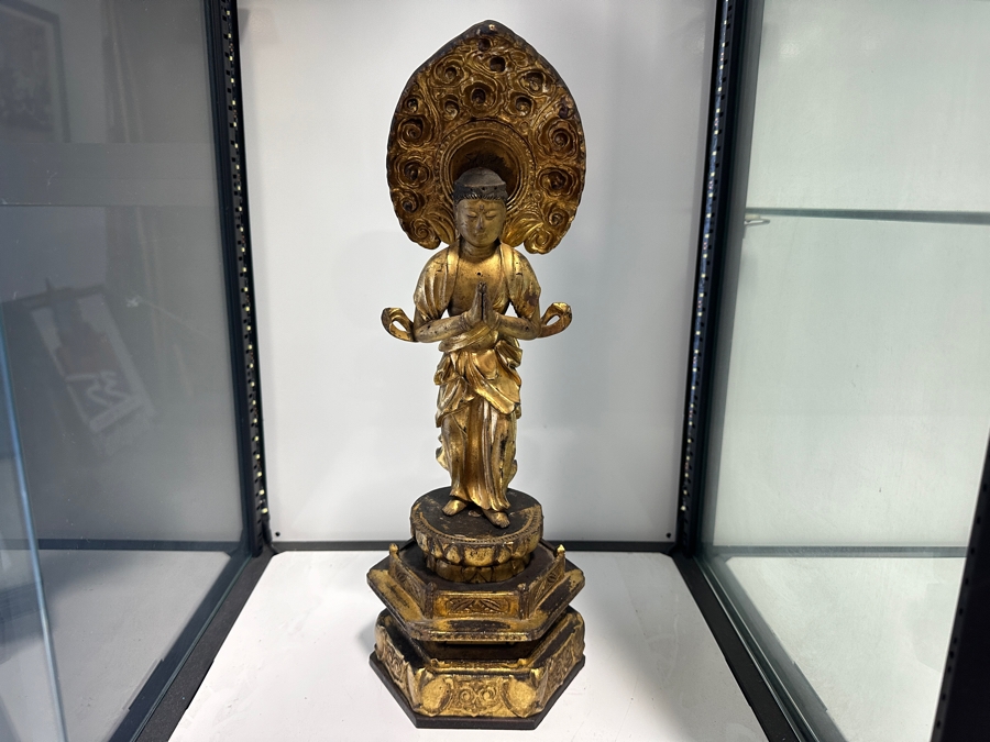 Antique Japanese Edo Period (1603-1868) Carved Gilt Wooden Buddha Sculpture Standing On A Lotus Base With Halo Mandorla Behind The Figure 15.25'H Estimate $2,000-$4,000 [Photo 4]