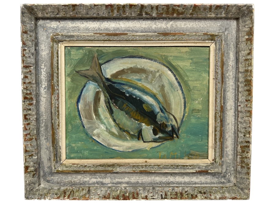Tomiko Chigusa (Japanese) Original Mid-Century Fish Still Life Oil Painting On Board Signed By Artist Lower Right And Verso 14' X 11' In Vintage Wooden Frame 21' X 18'