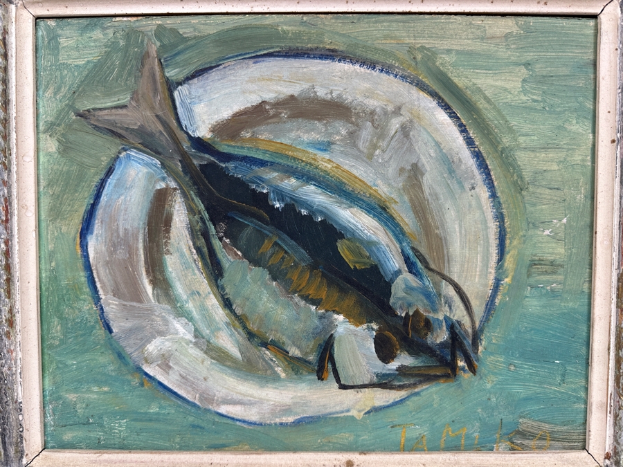 Tomiko Chigusa (Japanese) Original Mid-Century Fish Still Life Oil Painting On Board Signed By Artist Lower Right And Verso 14' X 11' In Vintage Wooden Frame 21' X 18' [Photo 3]