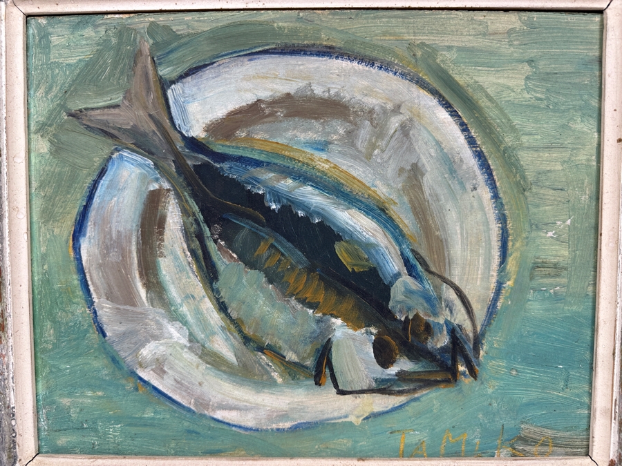 Tomiko Chigusa (Japanese) Original Mid-Century Fish Still Life Oil Painting On Board Signed By Artist Lower Right And Verso 14' X 11' In Vintage Wooden Frame 21' X 18' [Photo 4]