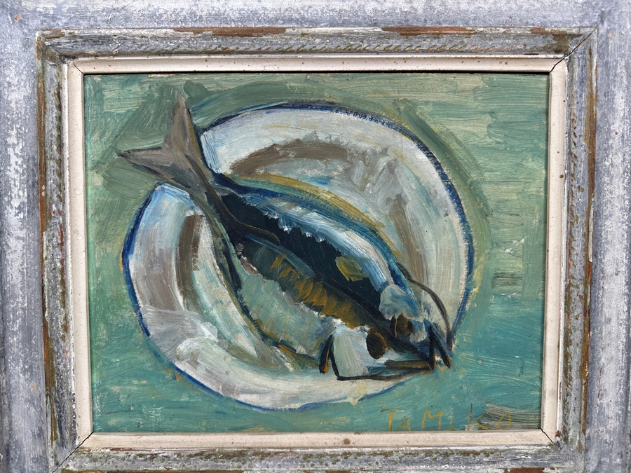 Tomiko Chigusa (Japanese) Original Mid-Century Fish Still Life Oil Painting On Board Signed By Artist Lower Right And Verso 14' X 11' In Vintage Wooden Frame 21' X 18' [Photo 5]