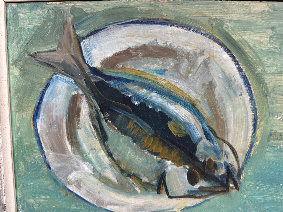 Tomiko Chigusa (Japanese) Original Mid-Century Fish Still Life Oil Painting On Board Signed By Artist Lower Right And Verso 14' X 11' In Vintage Wooden Frame 21' X 18' [Photo 6]