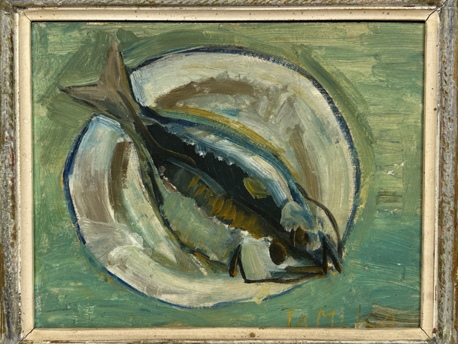 Tomiko Chigusa (Japanese) Original Mid-Century Fish Still Life Oil Painting On Board Signed By Artist Lower Right And Verso 14' X 11' In Vintage Wooden Frame 21' X 18' [Photo 2]