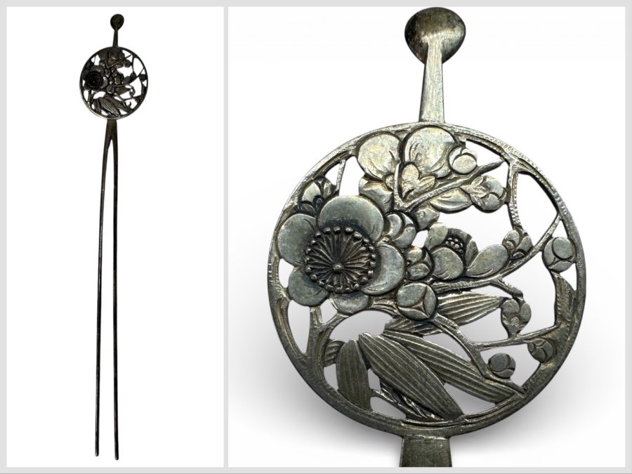 Antique Japanese Silver Hair Pin Hair Stick Over 330 Years Old With Pine, Bamboo And Plum Three Symbols Of Happiness 6.25'L 7.3g