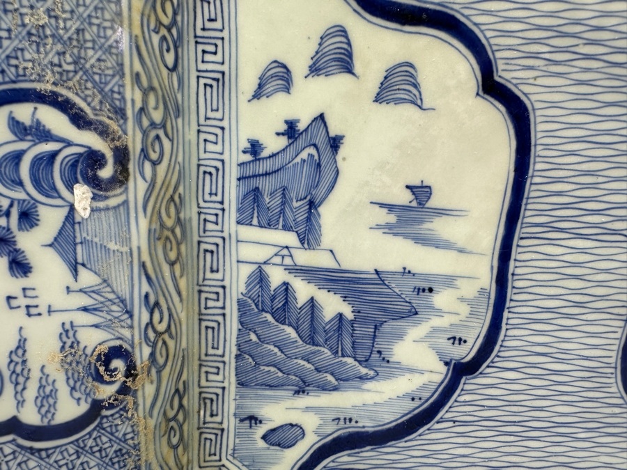 Large Antique Japanese Blue And White Imari Porcelain Charger Plate Circa Middle Edo Period (Roughly Late 17th To Mid-18th Century) Signed Verso 16' X 16' X 3'H [Photo 7]