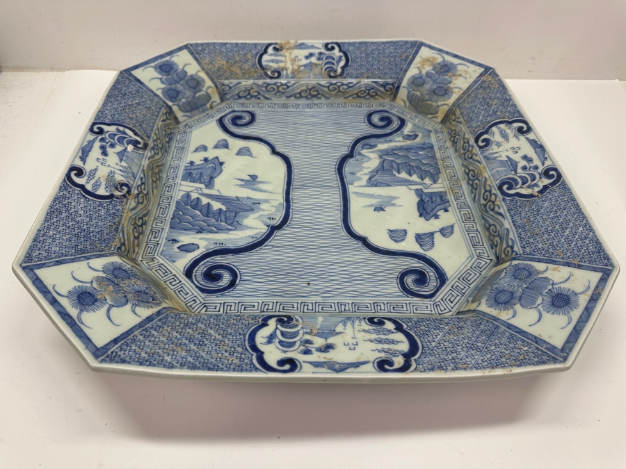 Large Antique Japanese Blue And White Imari Porcelain Charger Plate Circa Middle Edo Period (Roughly Late 17th To Mid-18th Century) Signed Verso 16' X 16' X 3'H [Photo 14]