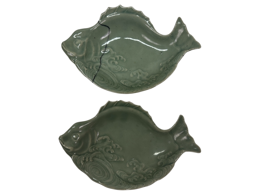 Pair Of Antique Japanese Celadon Porcelain Fish Plates Circa Late Edo Period (Roughly 1853–1868) 8'W X 5'D X 1.75'H (One Dish Has Been Professionally Repaired / Other Dish Has A Slight Chip)