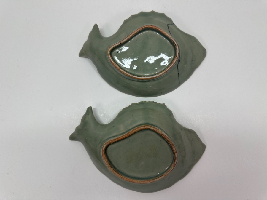 Pair Of Antique Japanese Celadon Porcelain Fish Plates Circa Late Edo Period (Roughly 1853–1868) 8'W X 5'D X 1.75'H (One Dish Has Been Professionally Repaired / Other Dish Has A Slight Chip) [Photo 7]