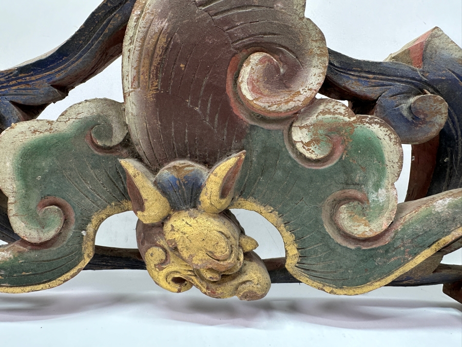 Antique Japanese Hand Carved Wooden Polychrome Bat Carvings From A Japanese Temple 18.5' X 7.5'H X 2'D [Photo 3]