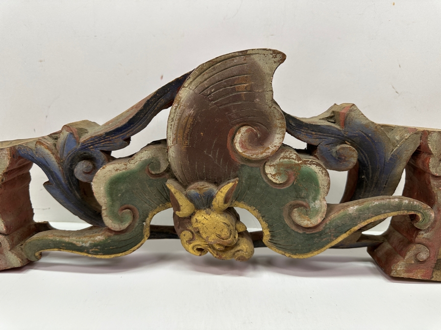 Antique Japanese Hand Carved Wooden Polychrome Bat Carvings From A Japanese Temple 18.5' X 7.5'H X 2'D [Photo 2]