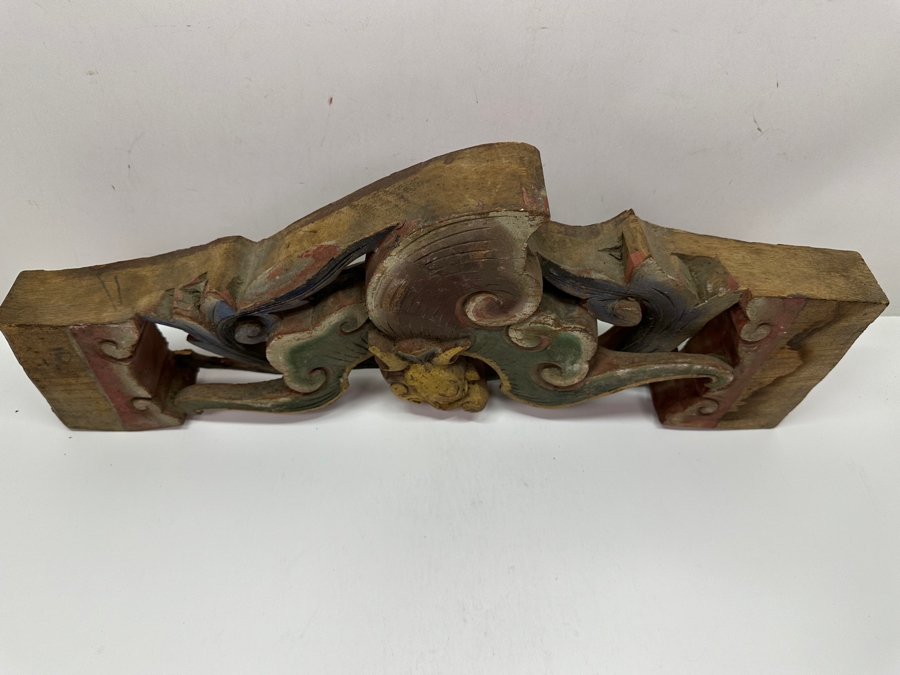 Antique Japanese Hand Carved Wooden Polychrome Bat Carvings From A Japanese Temple 18.5' X 7.5'H X 2'D [Photo 4]