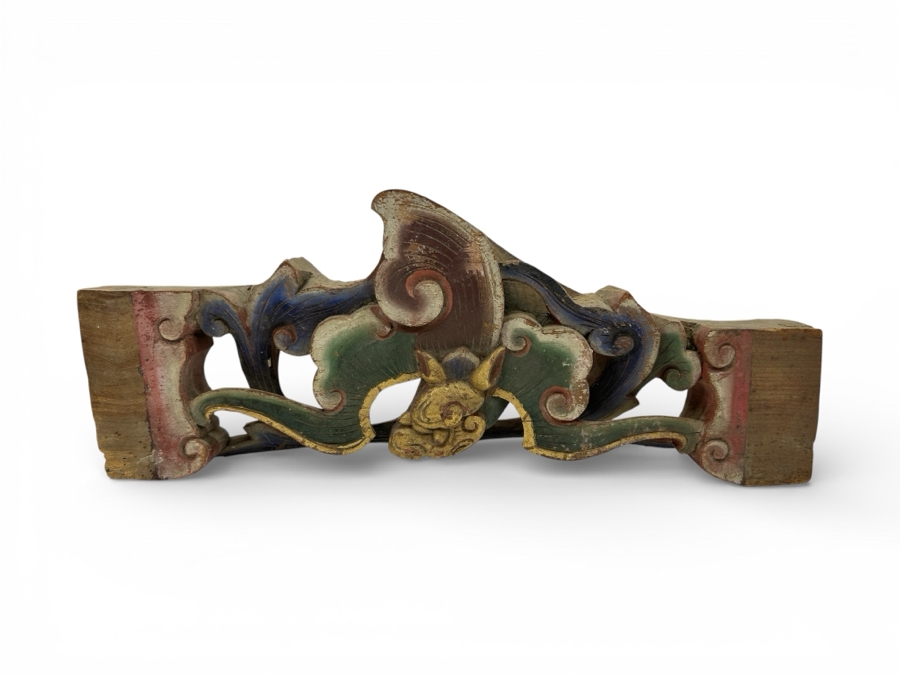 Pair Of Antique Japanese Hand Carved Wooden Polychrome Bat Carvings From A Japanese Temple 18.5' X 7.5'H X 2'D [Photo 3]
