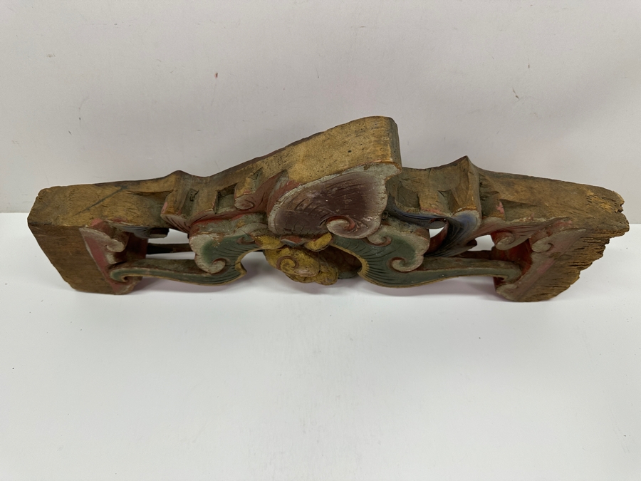 Pair Of Antique Japanese Hand Carved Wooden Polychrome Bat Carvings From A Japanese Temple 18.5' X 7.5'H X 2'D [Photo 6]