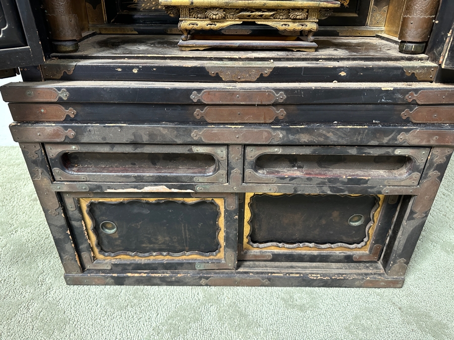 Antique Japanese Wooden Buddhist Altar Butsudan Complete With Gilt Wooden Buddha, Bells and Stands - See Photos For Details 25'W X 20'D X 52'H [Photo 15]