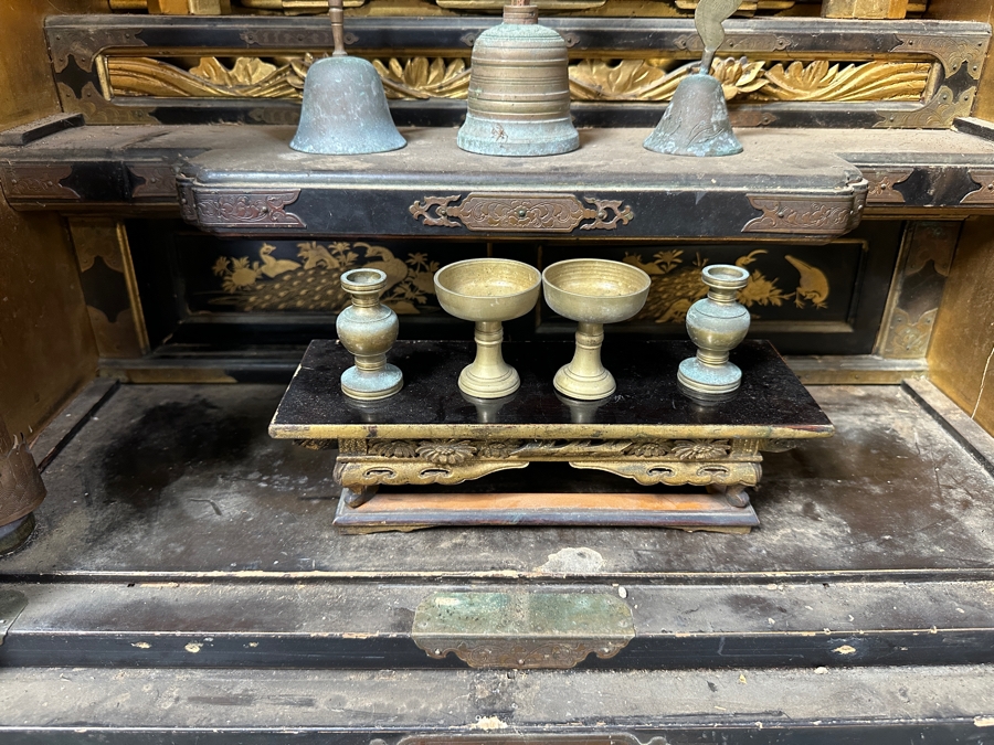 Antique Japanese Wooden Buddhist Altar Butsudan Complete With Gilt Wooden Buddha, Bells and Stands - See Photos For Details 25'W X 20'D X 52'H [Photo 14]
