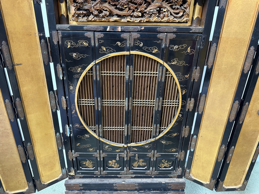 Antique Japanese Wooden Buddhist Altar Butsudan Complete With Gilt Wooden Buddha, Bells and Stands - See Photos For Details 25'W X 20'D X 52'H [Photo 26]
