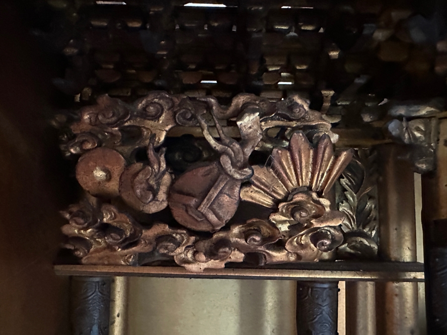 Antique Japanese Wooden Buddhist Altar Butsudan Complete With Gilt Wooden Buddha, Bells and Stands - See Photos For Details 25'W X 20'D X 52'H [Photo 9]